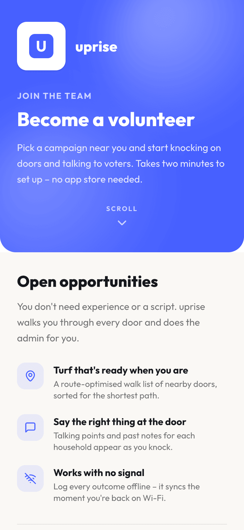 The Uprise canvasser app on a phone, showing the next doors on a walk list